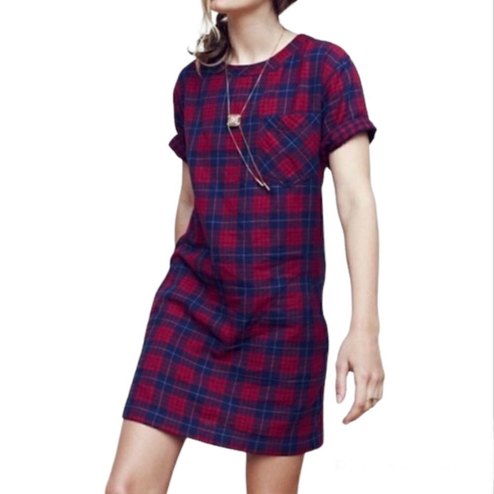 MADEWELL EDINA RED BLUE PLAID T SHIRT SHIFT DRESS FLANNEL COTTON -S